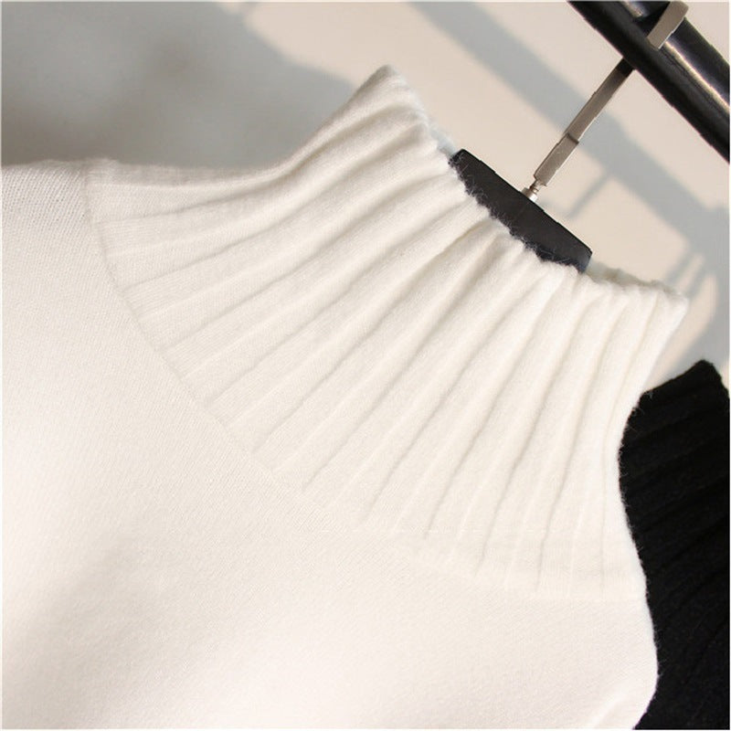Women's white half-turtleneck sweater with gathered yoke and ribbed neck trim
