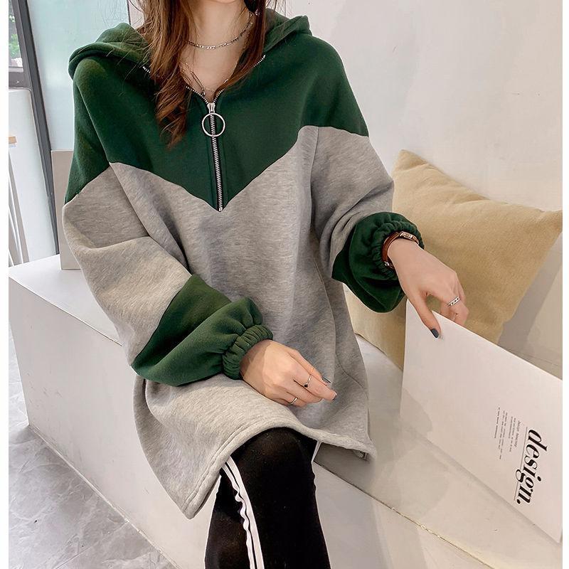 Hooded zip sweatshirt jacket, green and heather gray color-block with ribbed cuffs