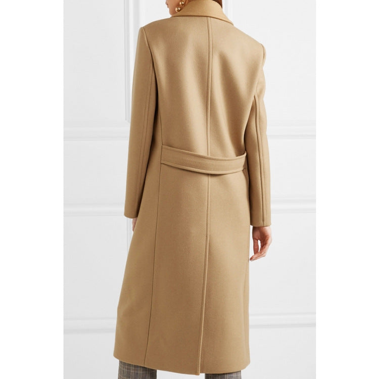 Tailored Wool Coat for Women — Slim Double Breasted Long Coat with Peak Lapels