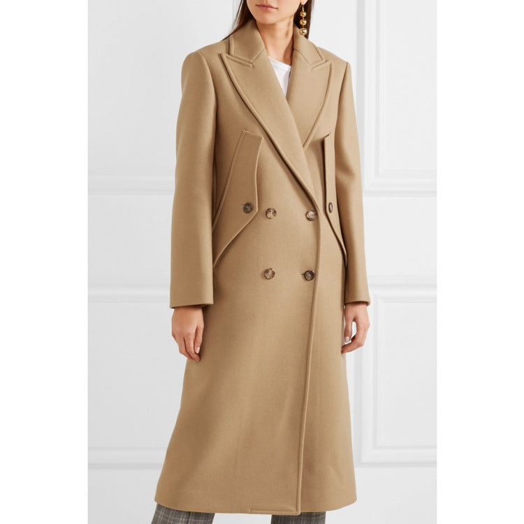 Tailored Wool Coat for Women — Slim Double Breasted Long Coat with Peak Lapels