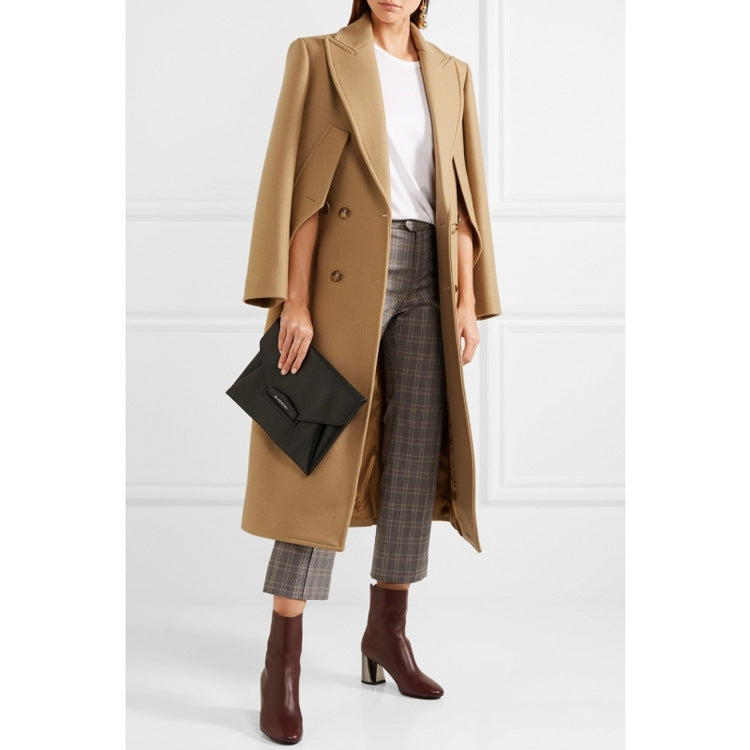 Tailored Wool Coat for Women — Slim Double Breasted Long Coat with Peak Lapels