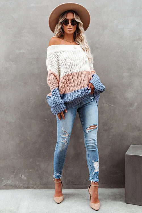 Off-shoulder multicolor striped knit sweater with long sleeves