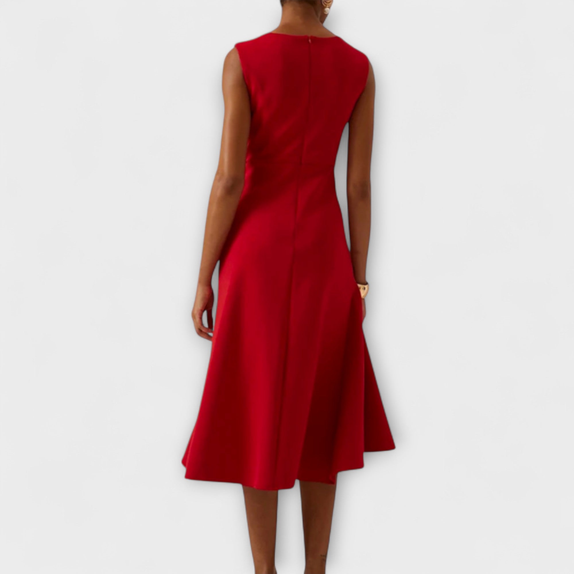 Sleeveless midi dress with asymmetric ruffle, round neck, red back view