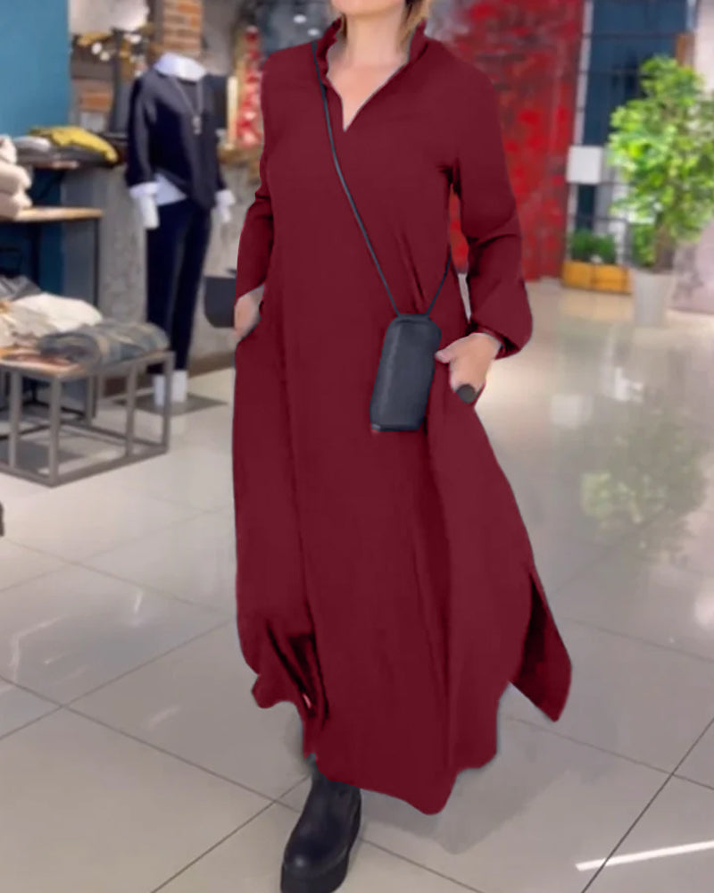 Burgundy long-sleeve maxi dress with stand collar, loose fit, side pockets