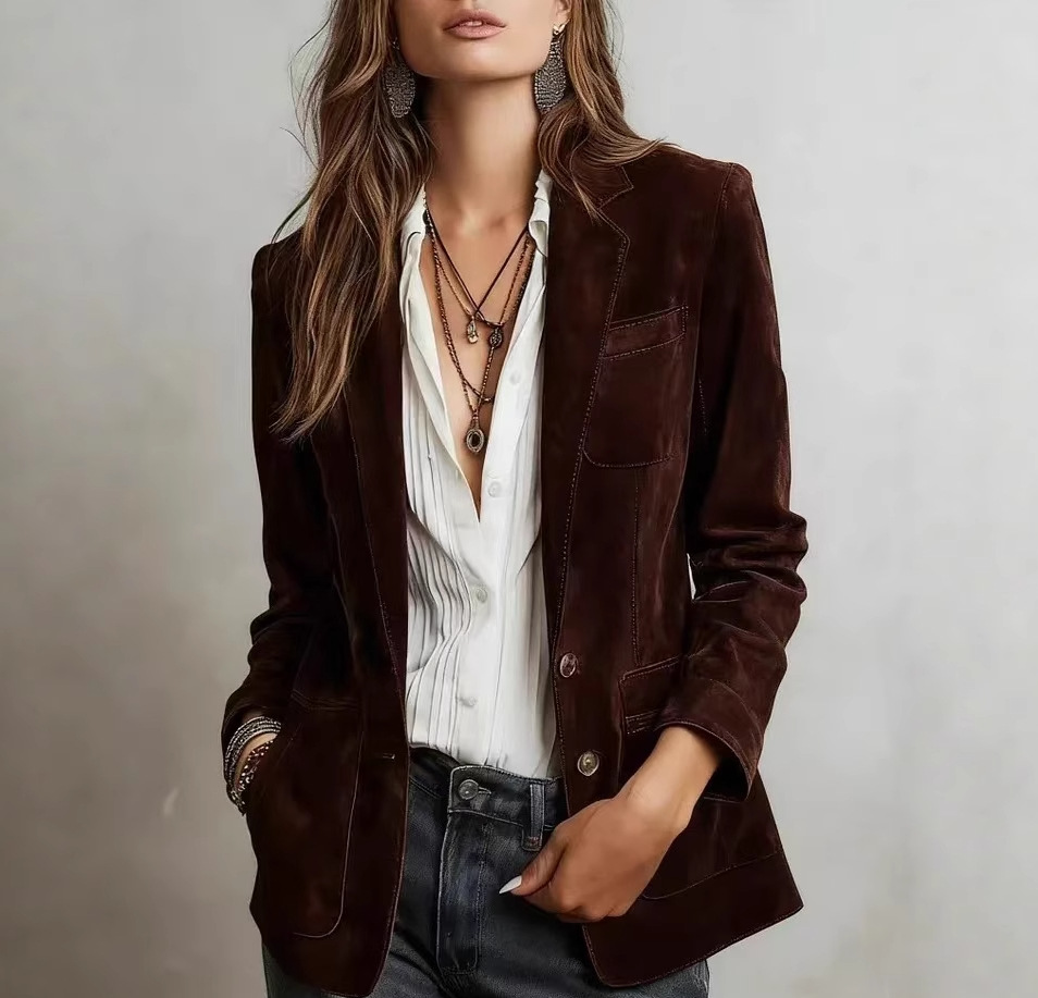 Women’s double-breasted oversized blazer, dark brown suede with chest pocket and gold buttons