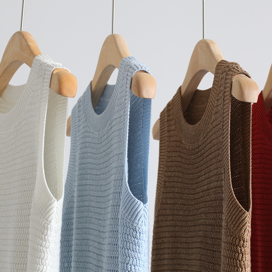 Cotton open-knit crochet tank tops with ribbed crew neck, sleeveless (white, light blue, brown)