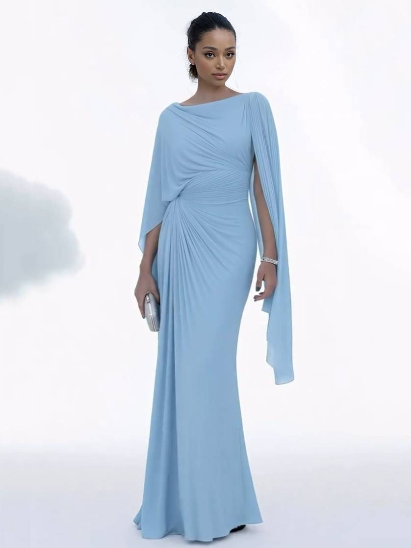 Light blue chiffon maxi dress with boat neck, ruched waist, and flowing cape sleeves