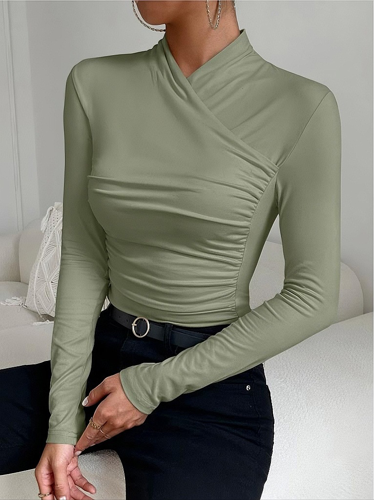 Sage green viscose mock neck long-sleeve top with side ruched crossover seam