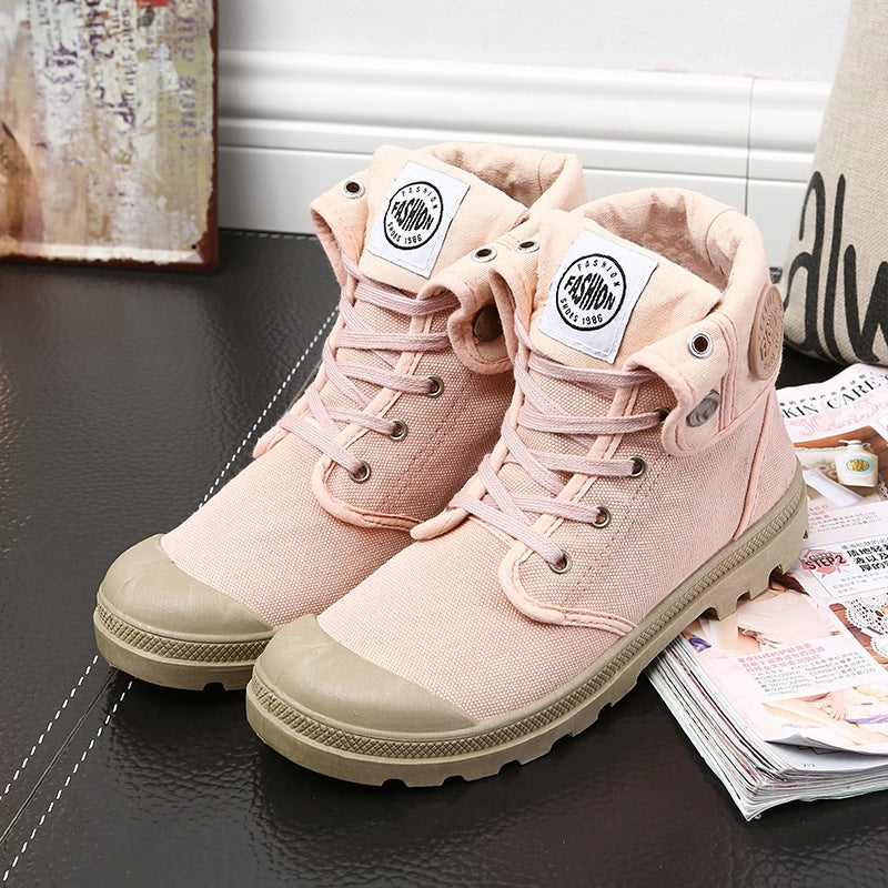 High Top Canvas Boots for Women — Lace Up Fold Over Style with Lug Sole