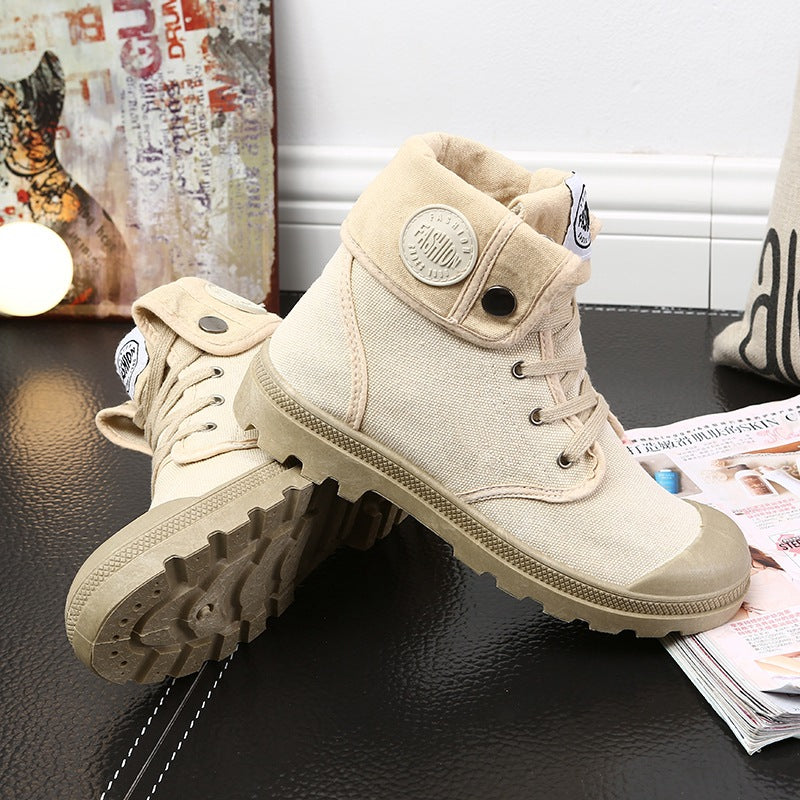High Top Canvas Boots for Women — Lace Up Fold Over Style with Lug Sole