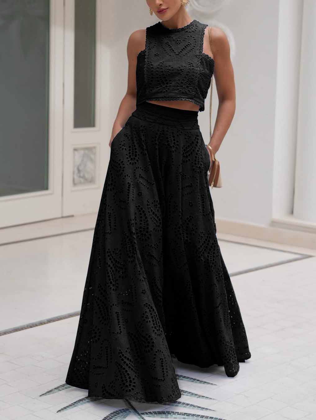 Black cotton eyelet lace maxi skirt with high waist and full A-line flare