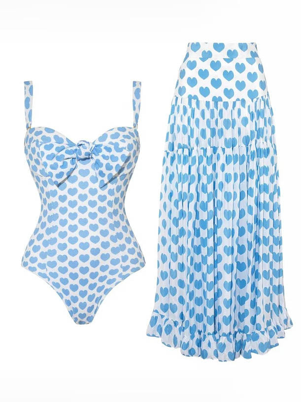 Blue heart-print strapless tiered maxi dress set, with bow at bust and ruffle skirt.