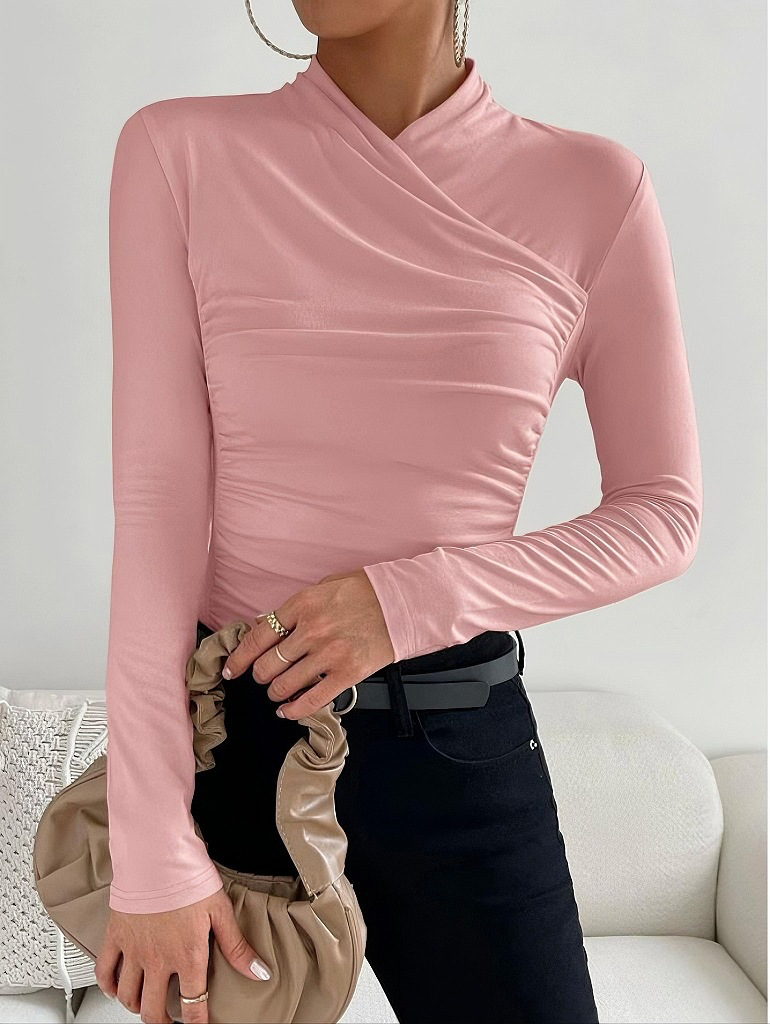 Pink viscose mock neck long-sleeve top with ruched wrap front waist detail