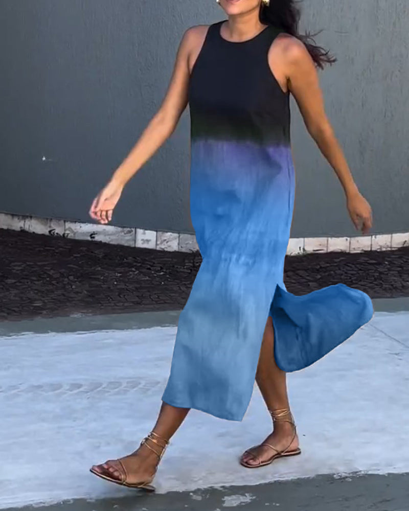 Ombre midi dress, sleeveless crew neck with side slit in blue and dark gray