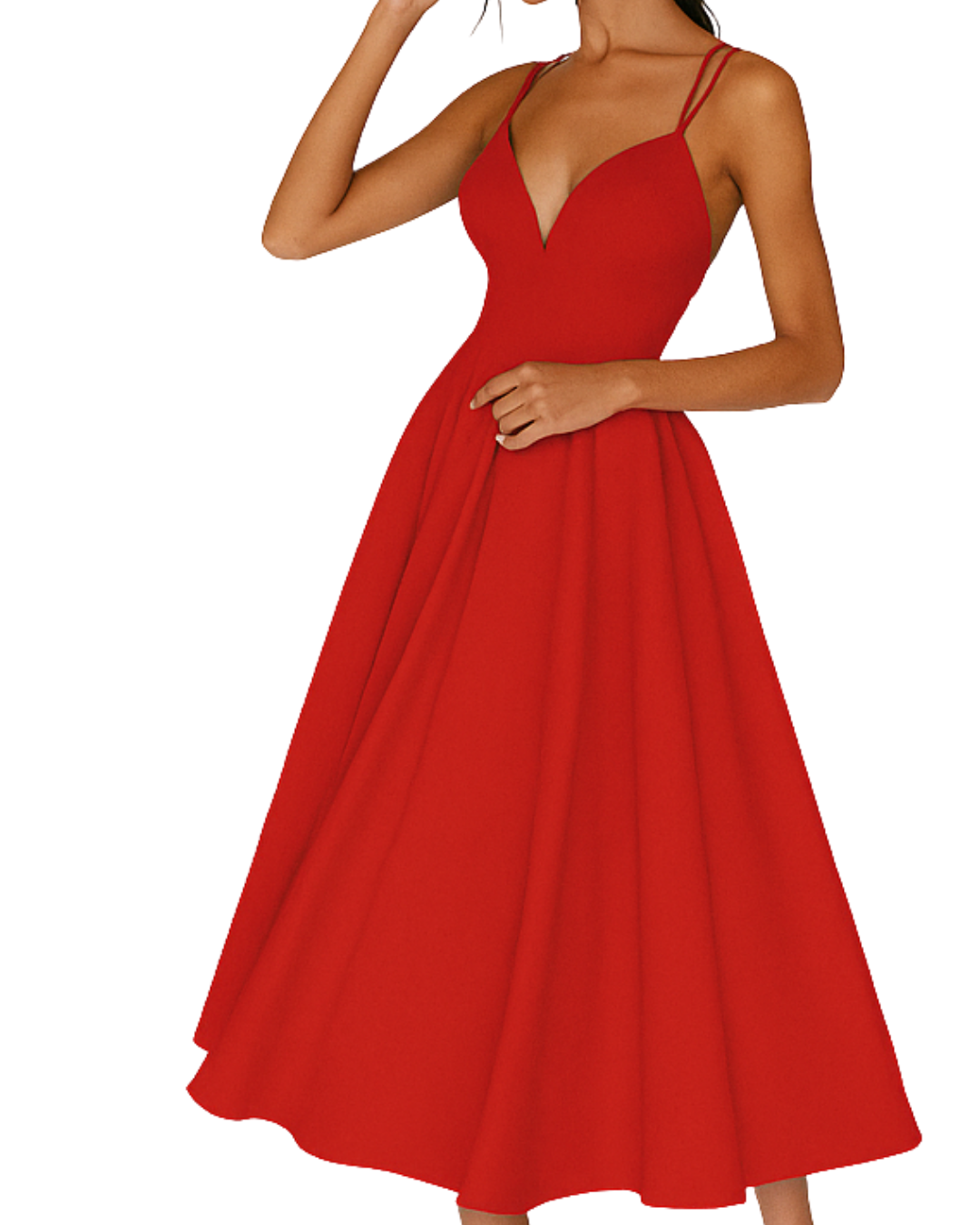 Red strappy midi dress with V-neckline and pleated A-line skirt