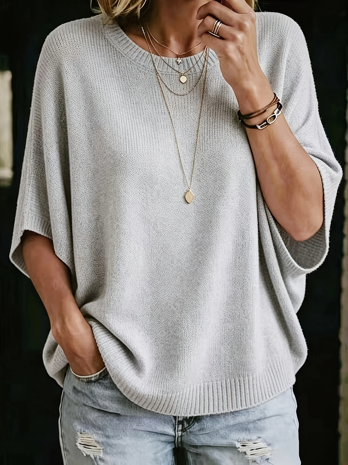 Women’s cropped knit pullover, wide short sleeves, textured knit, light gray