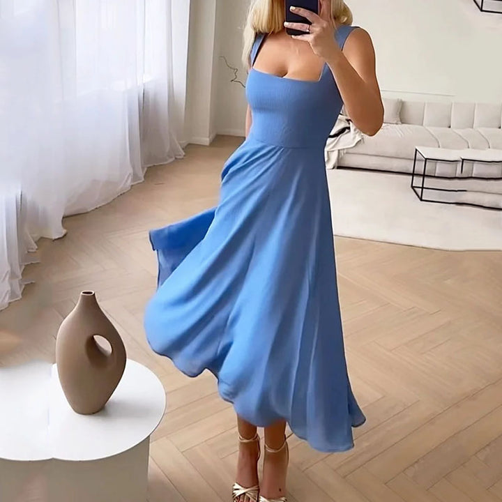 Blue square-neck midi dress with sleeveless top and flowing A-line skirt