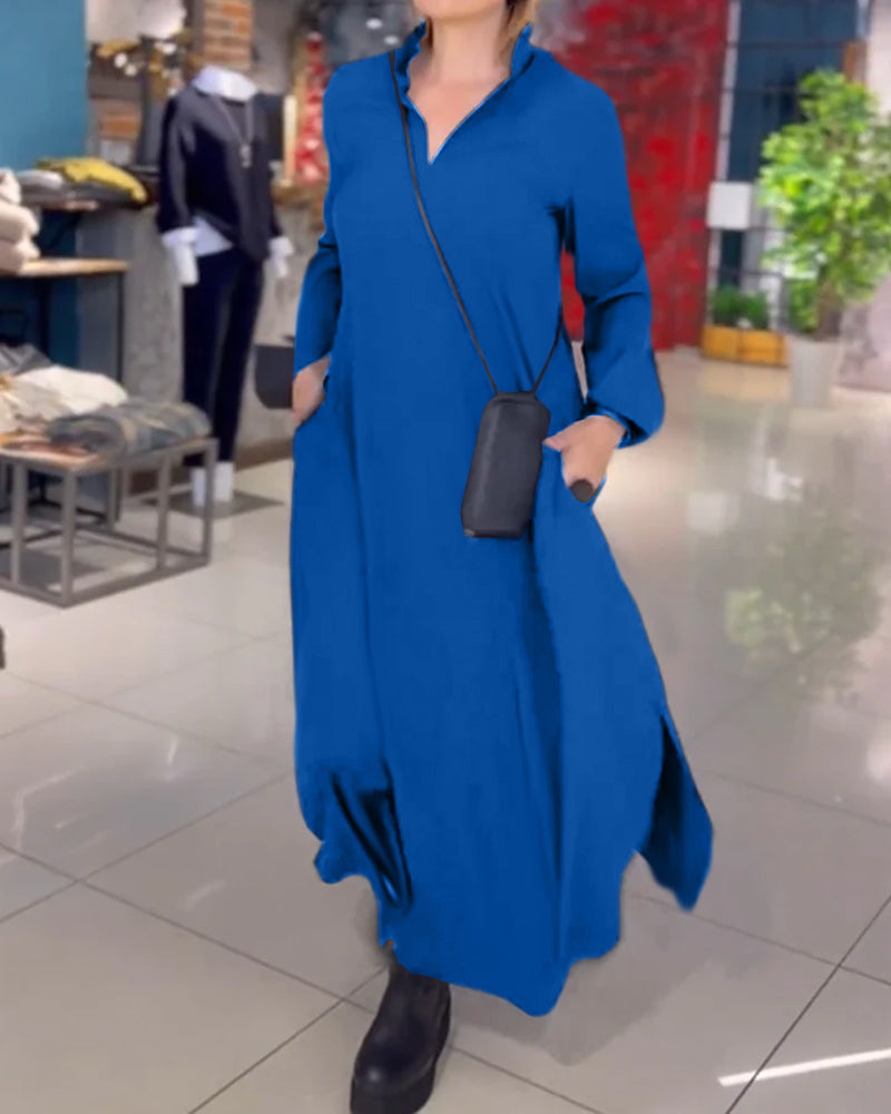 Blue long-sleeve maxi dress with stand collar, loose fit, side pockets