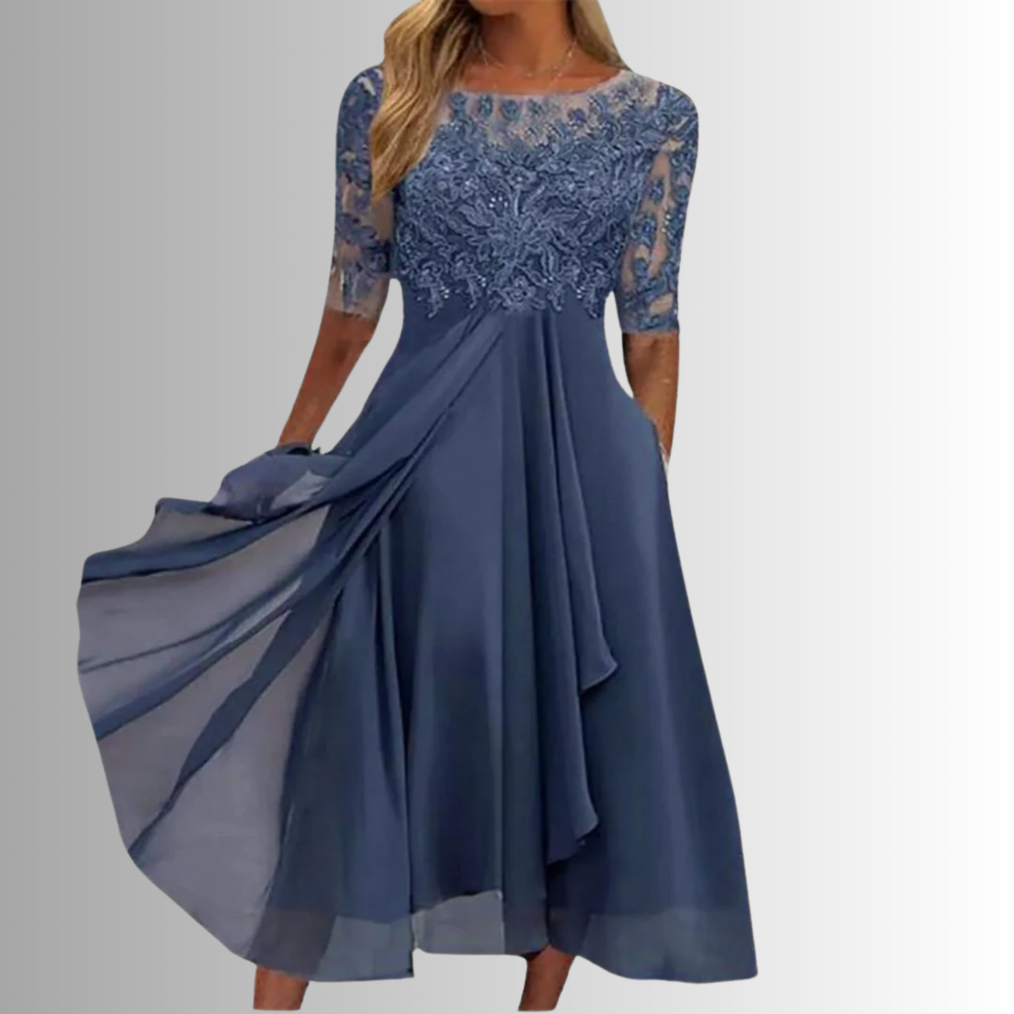 Blue chiffon dress with lace bodice, illusion sleeves, A-line tea length.