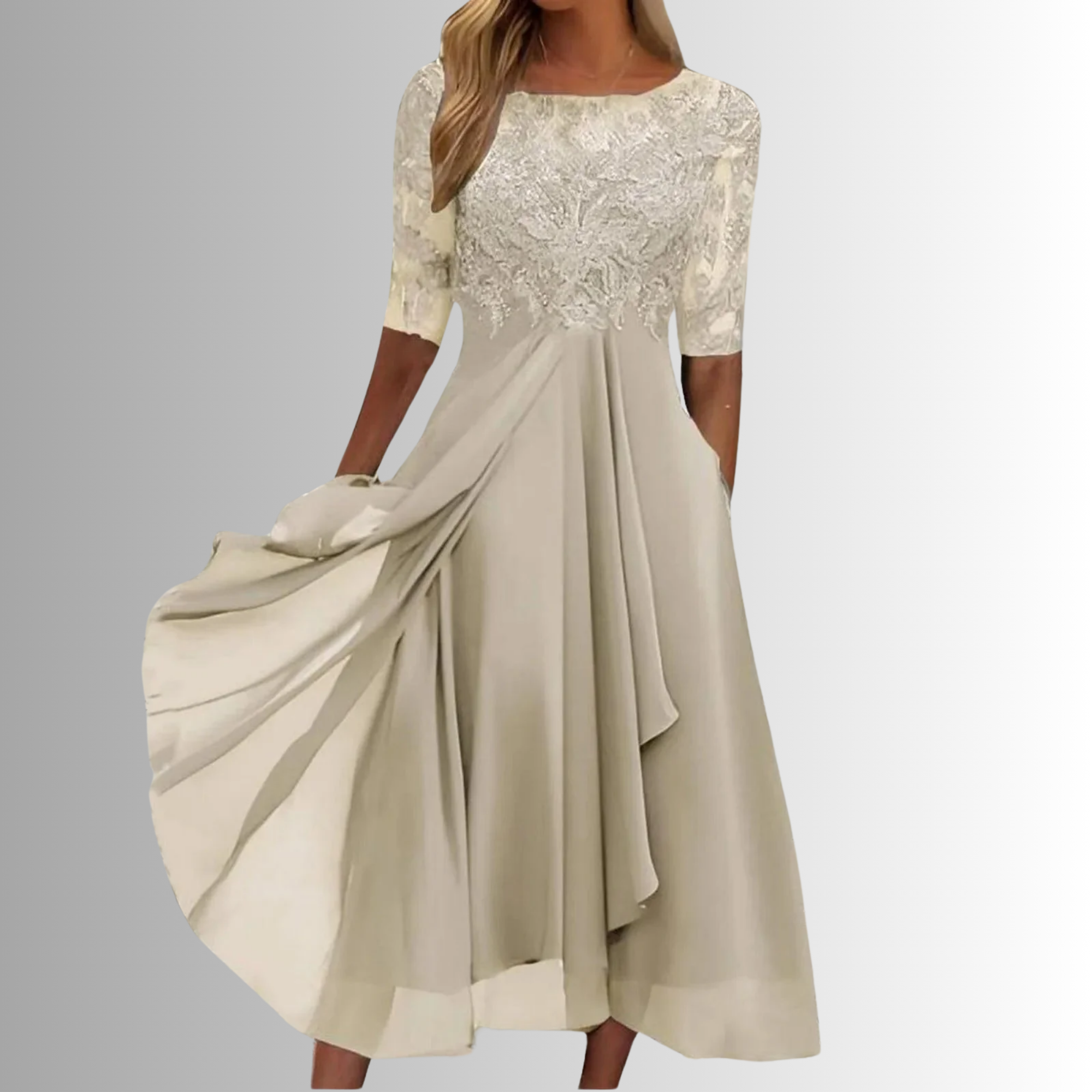Cream chiffon dress with lace bodice and illusion sleeves, A-line tea length.