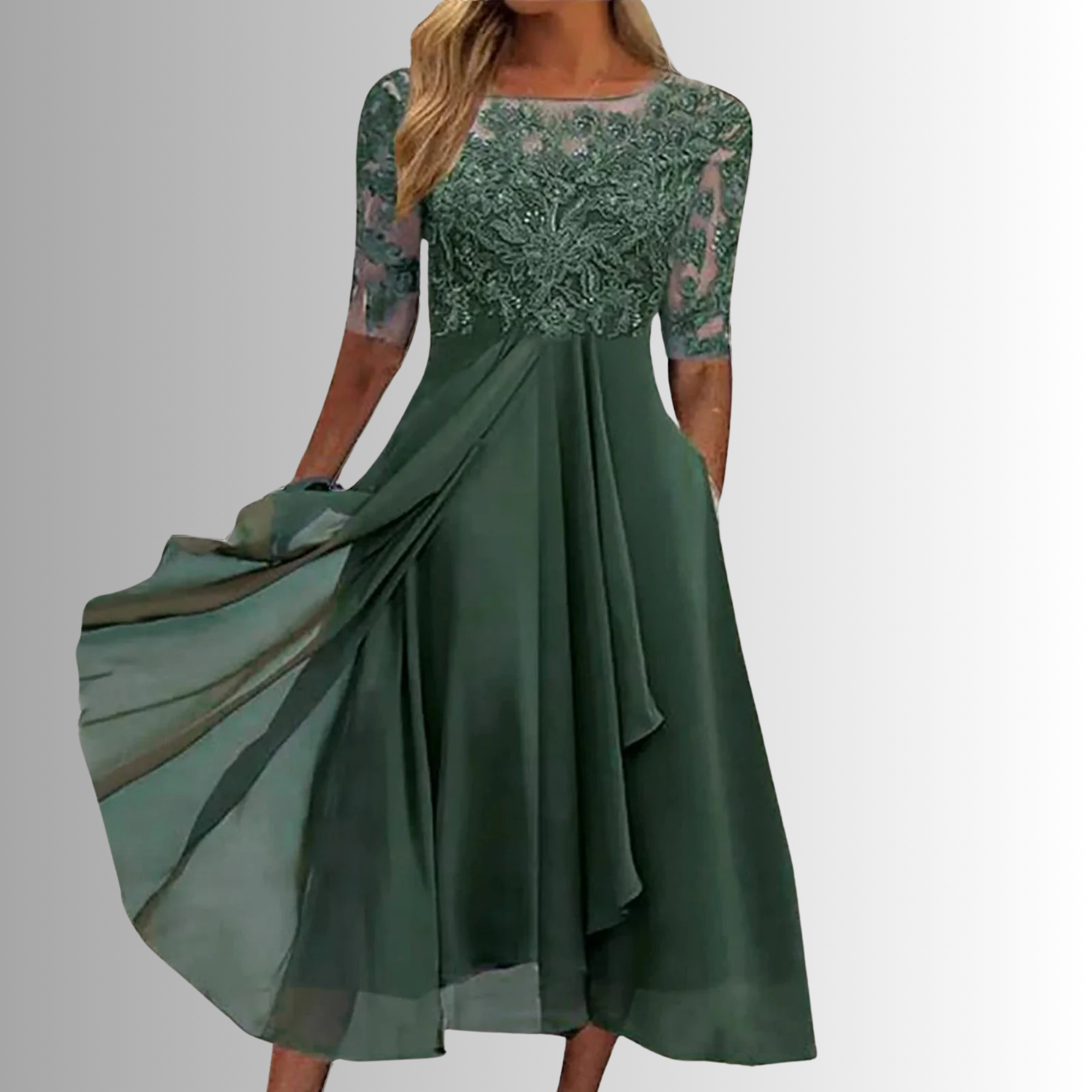 Green chiffon dress with lace bodice and illusion sleeves, A-line tea length.