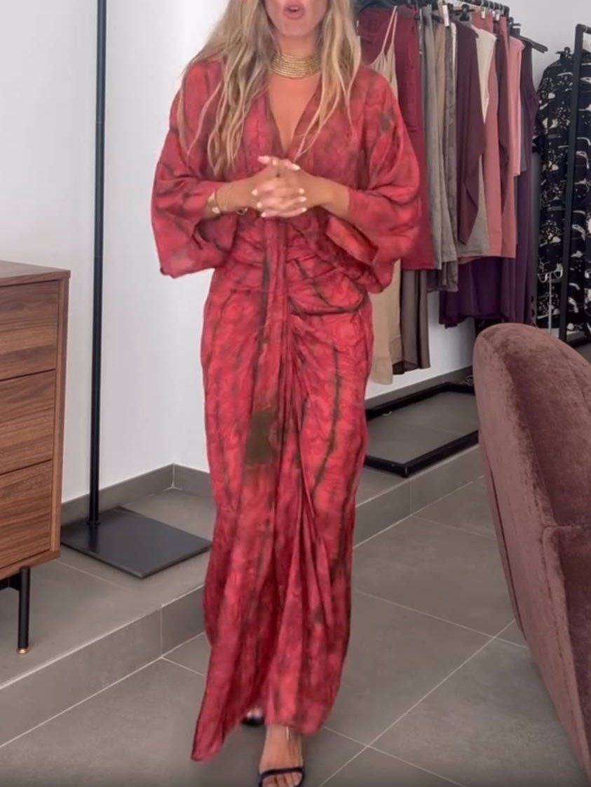 Red boho print maxi dress with V-neck, kimono sleeves, and front twist