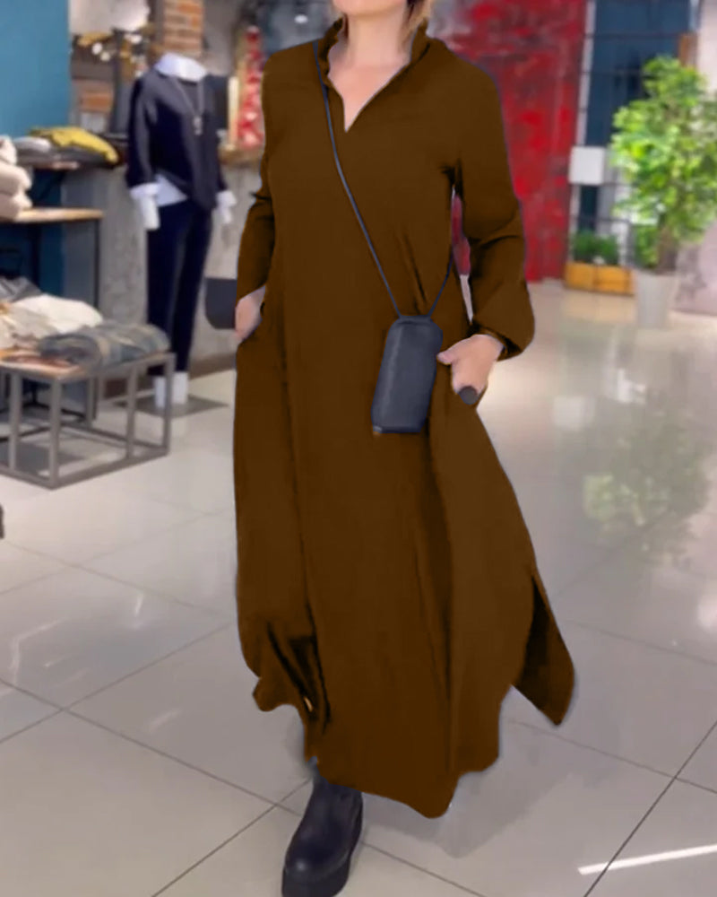 Brown long-sleeve maxi dress with stand collar, loose fit, side pockets