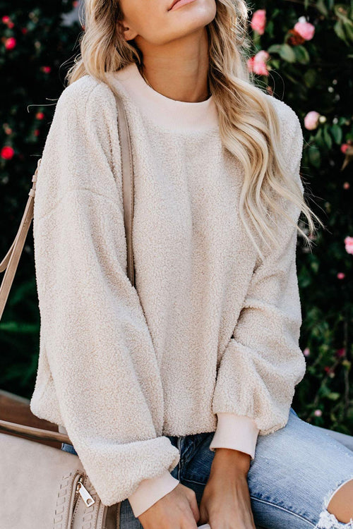 Cream teddy long-sleeve pullover with crew neck and relaxed balloon sleeves