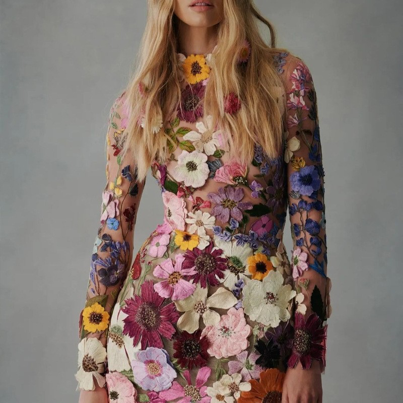 Floral embroidered mesh mini dress with long sleeves and high neck, colorful 3D flowers