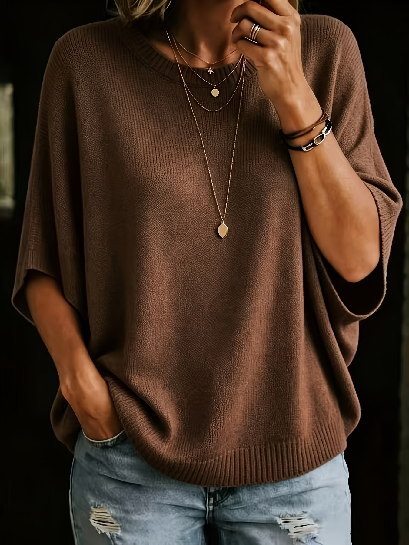 Women’s cropped knit pullover, wide short sleeves, textured knit, dark brown
