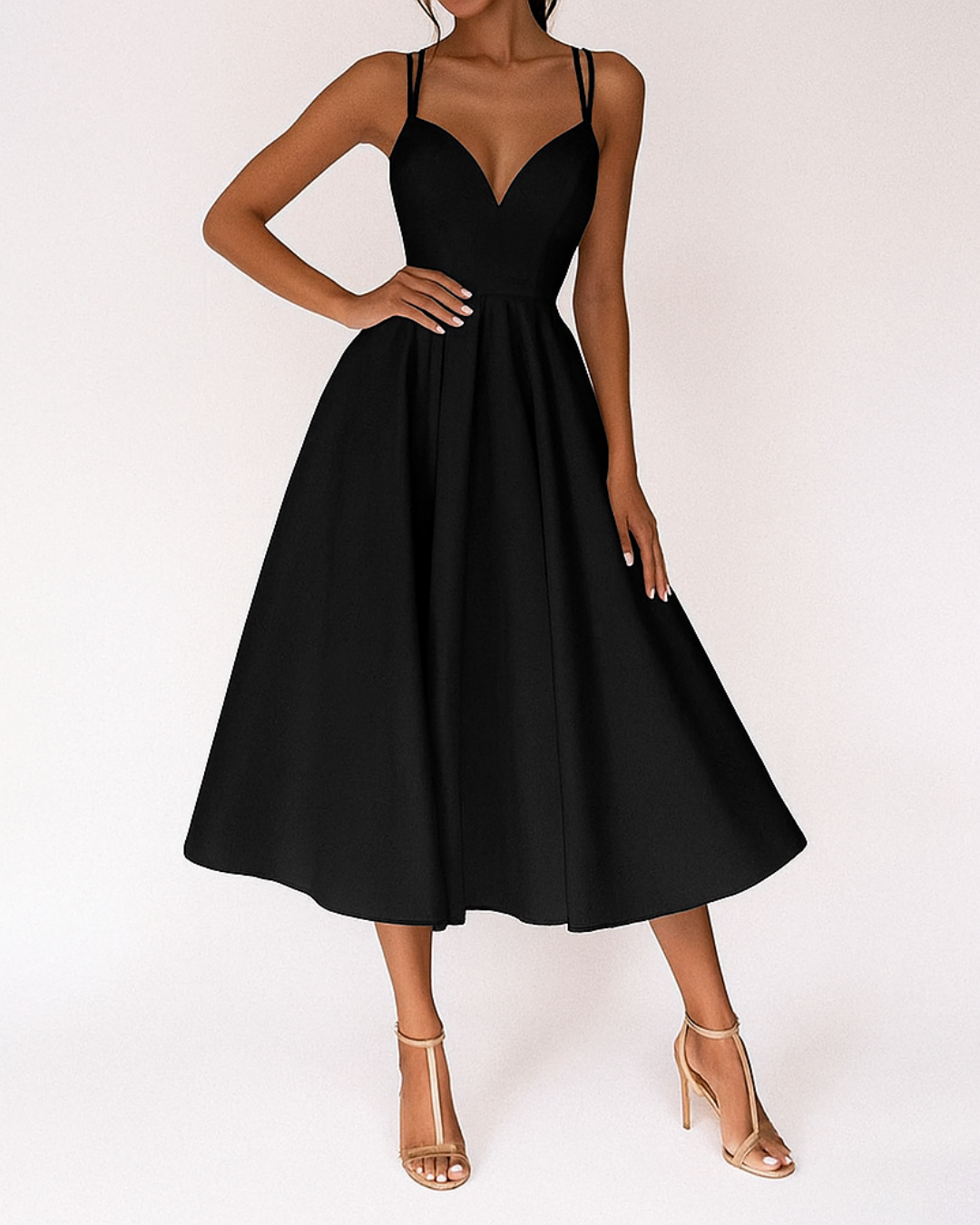 Black strappy midi dress with V-neck bodice and flared A-line skirt