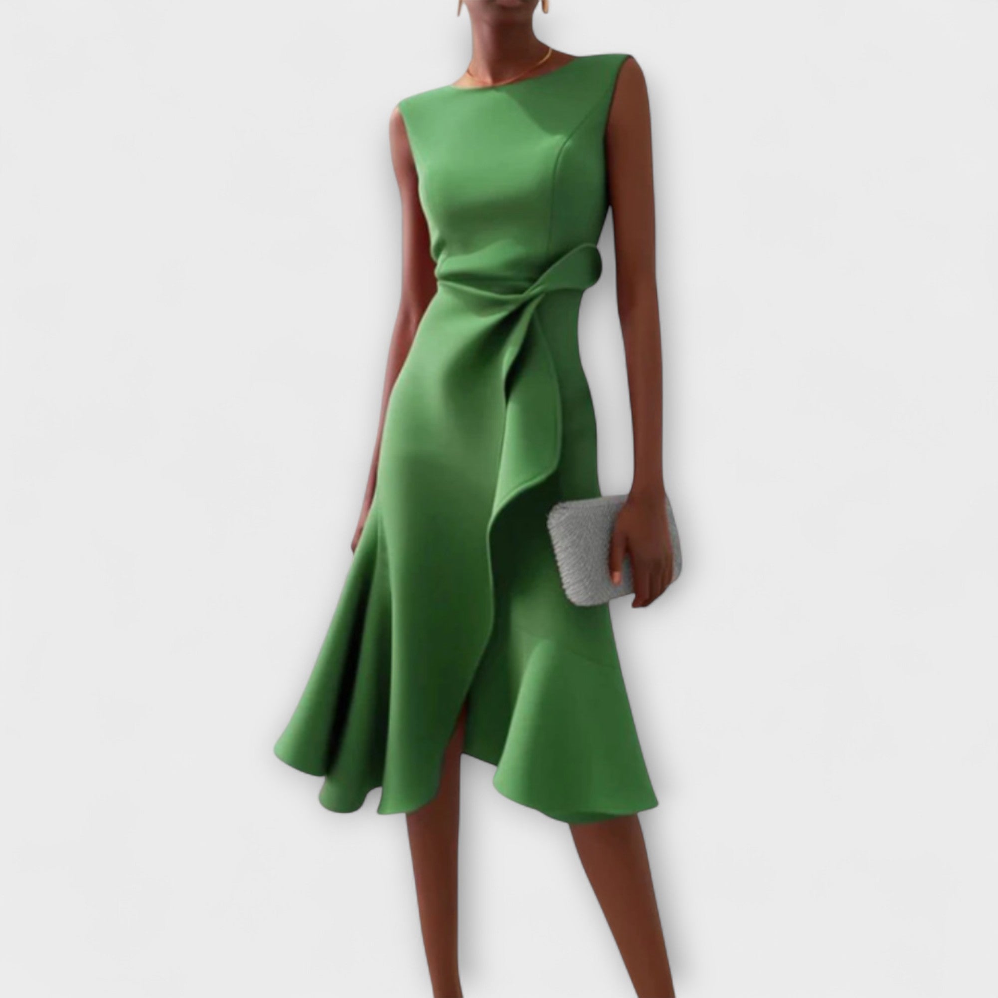 Green sleeveless crepe midi dress with draped waist and asymmetric ruffle hem