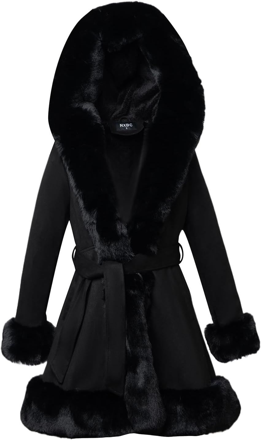 Black belted coat with an oversized fur hood, fur cuffs and fur-trimmed hem