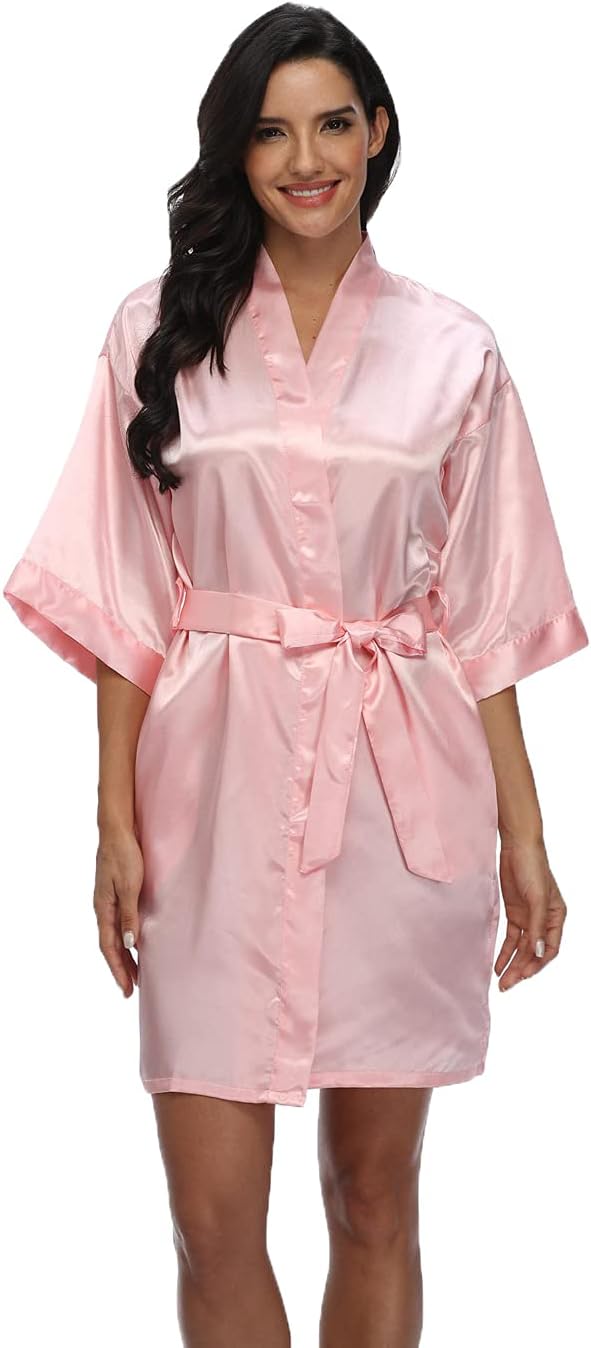 Women's light pink satin robe with a wrap front, three-quarter sleeves and tie belt