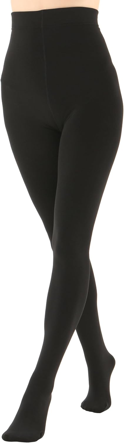 Black opaque fleece-lined thermal tights, full-length back view