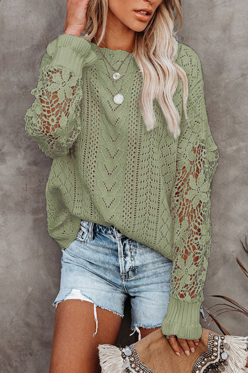 Green lace hollow-out knit sweater with long lace sleeves and ribbed knit cuffs