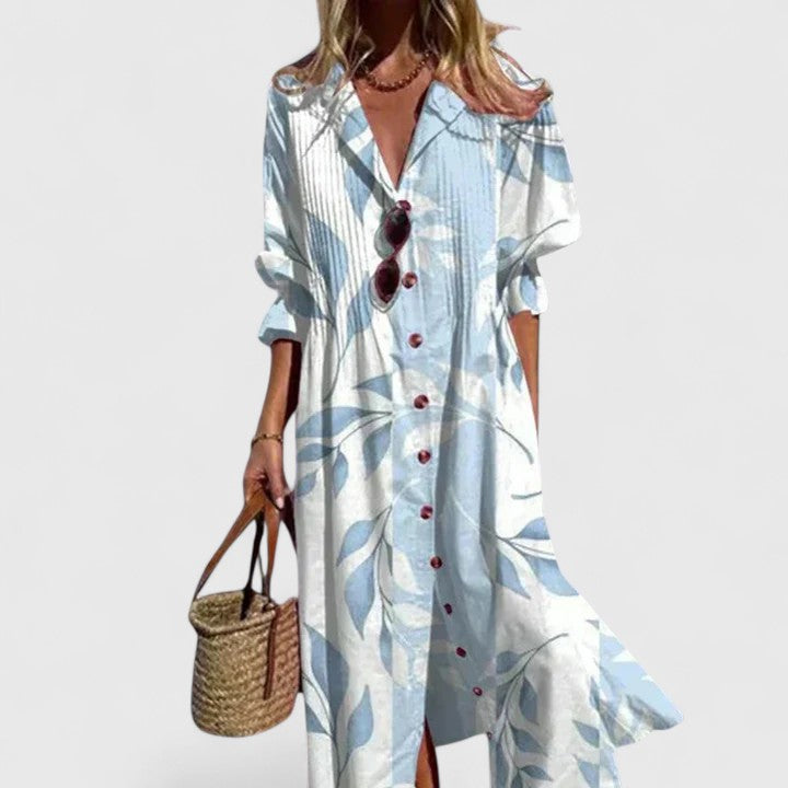 Boho printed maxi dress in sky blue and white, V-neck button front, 3/4 sleeves