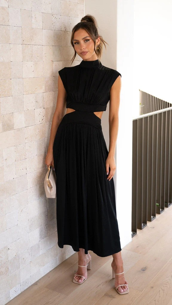 Black sleeveless mock-neck maxi dress with ruched waist and full gathered skirt