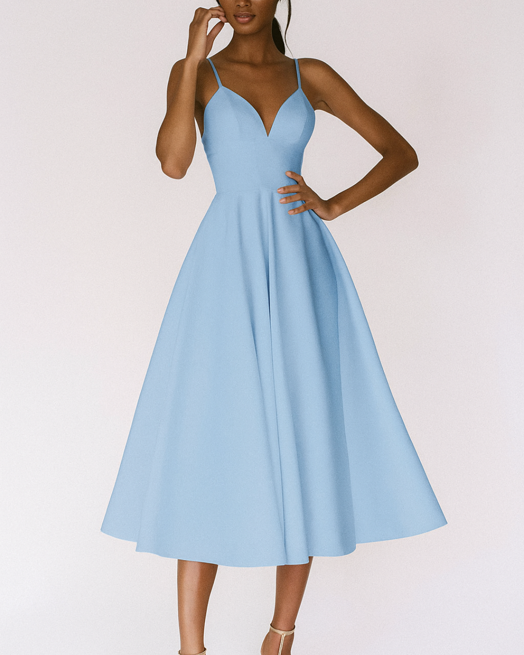 Light blue strappy midi dress with V-neck and gathered A-line skirt