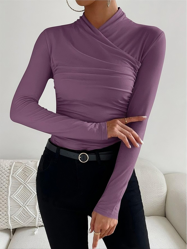 Purple mock-neck long-sleeve top with ruched crossover wrap waist detail
