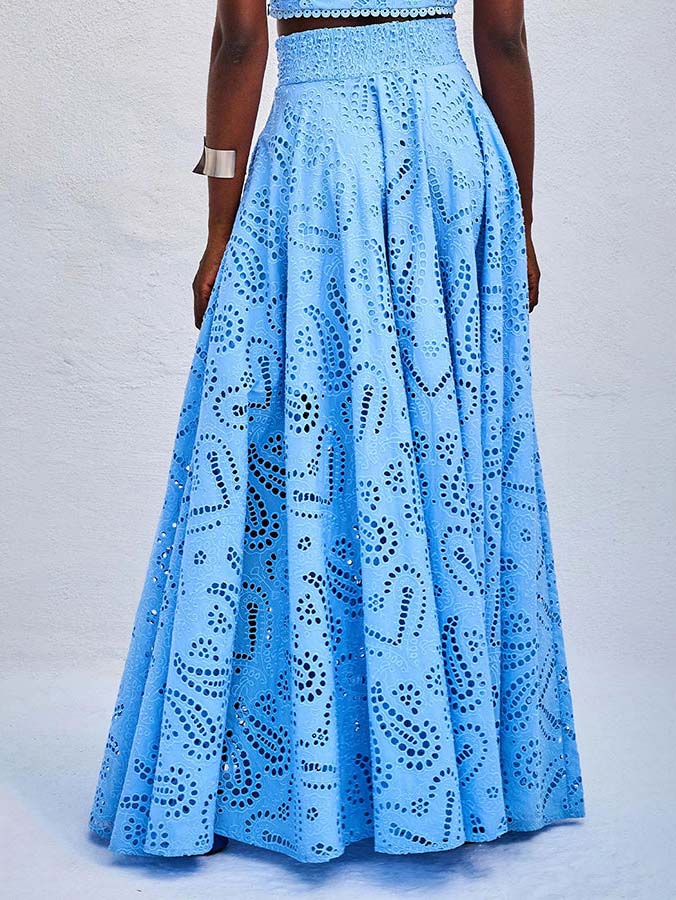 Blue eyelet lace high-waist maxi skirt, full A-line flare with allover cutout design