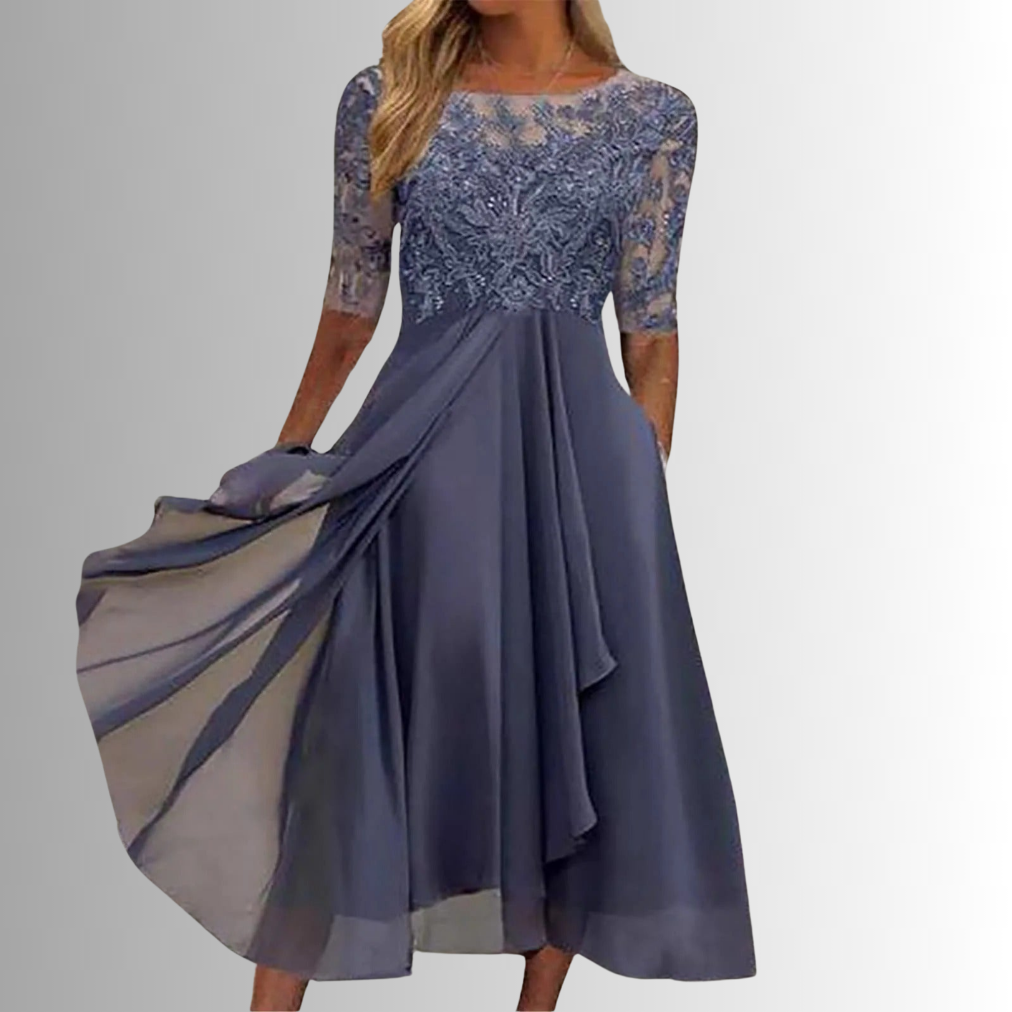 Blue chiffon A-line dress with lace bodice, illusion sleeves, flowing pleated skirt.