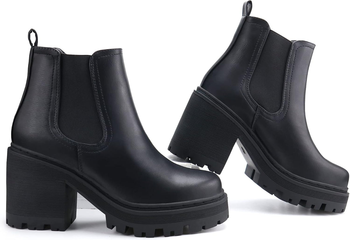 Black platform Chelsea boots shown from side and three-quarter angles