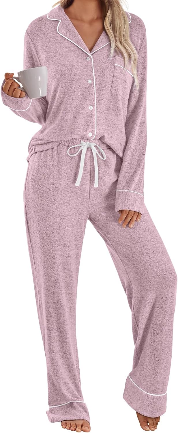 LILLUSORY women's pajama set in light pink with a piped button-up top and drawstring pants