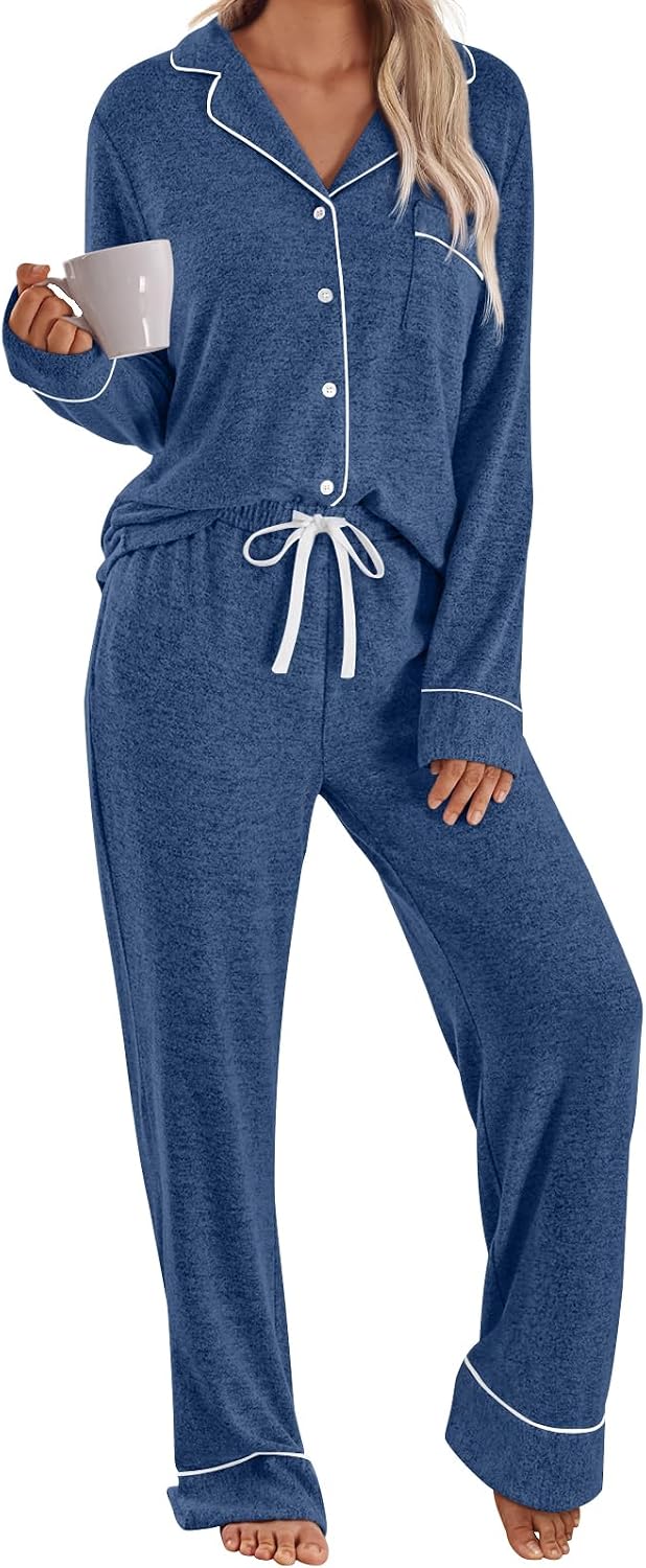 LILLUSORY women's pajama set in navy blue with a piped button-up top and drawstring pants