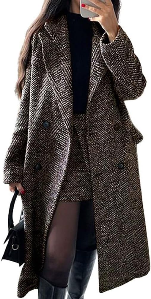 Long herringbone double-breasted wool trench coat in black-and-grey with buttoned front