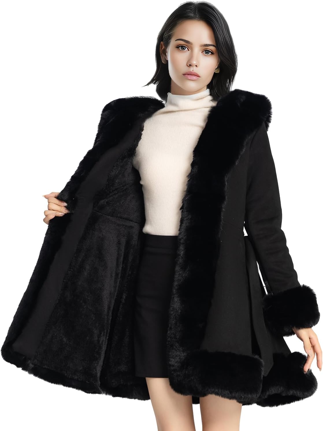 Black faux fur-trimmed coat with a flared hem, wide lapels and long sleeves