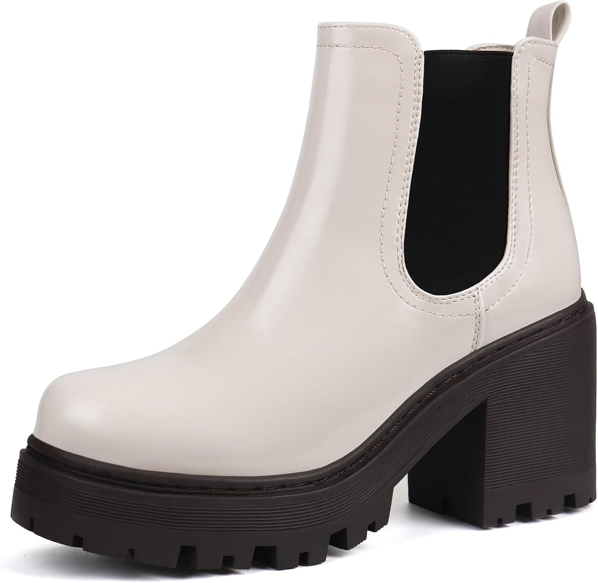 Cream Chelsea boot with black elastic panel and chunky black platform sole