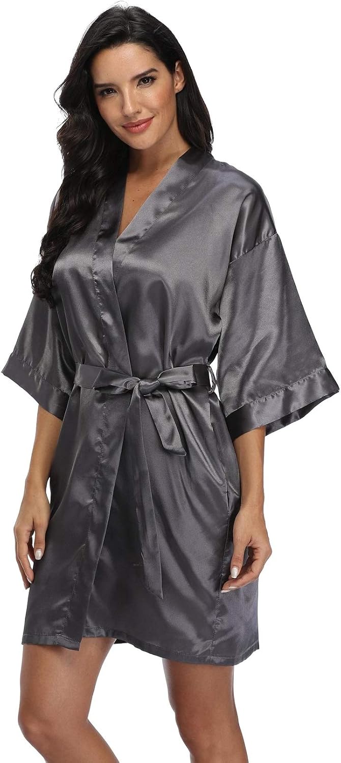 Women's gray satin robe with a wrap front, wide sleeves and tie belt