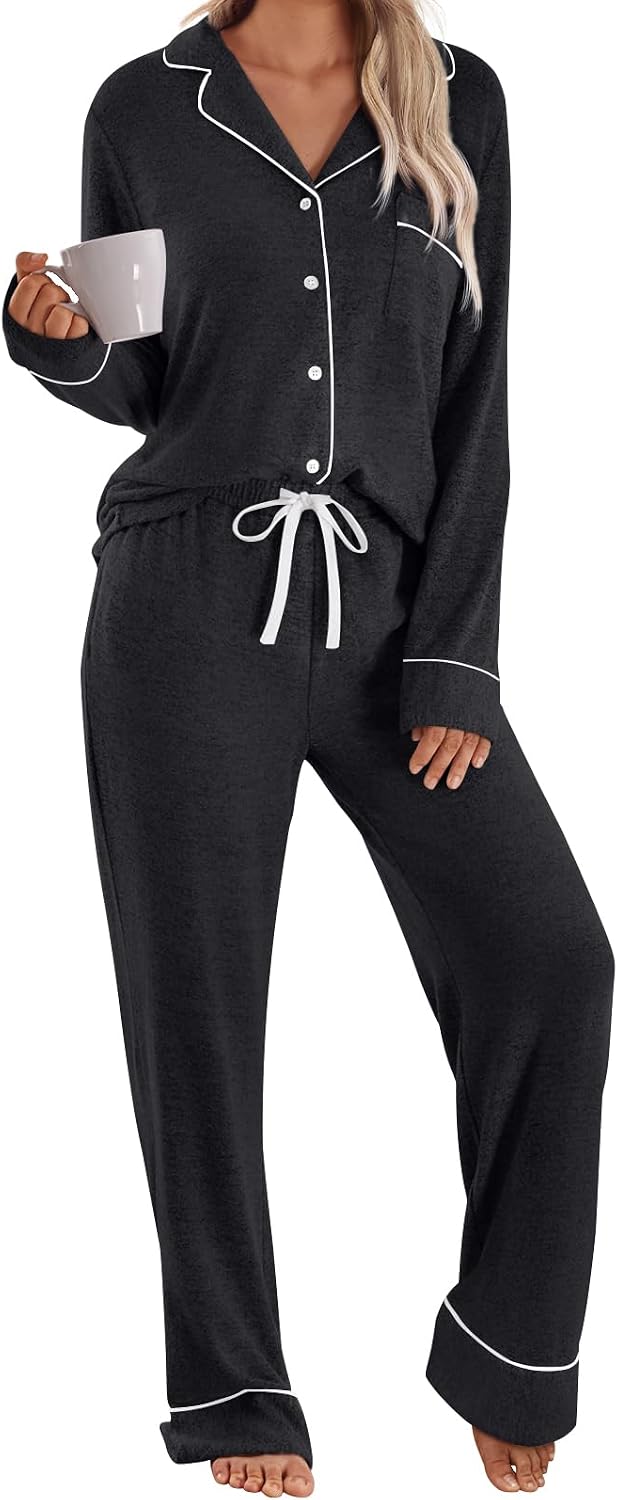 Women's black pajama set with piped button-front shirt and wide-leg drawstring pants